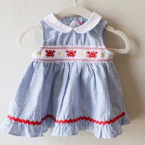 Seersucker Navy Smocked Sundress with Crab Appliques